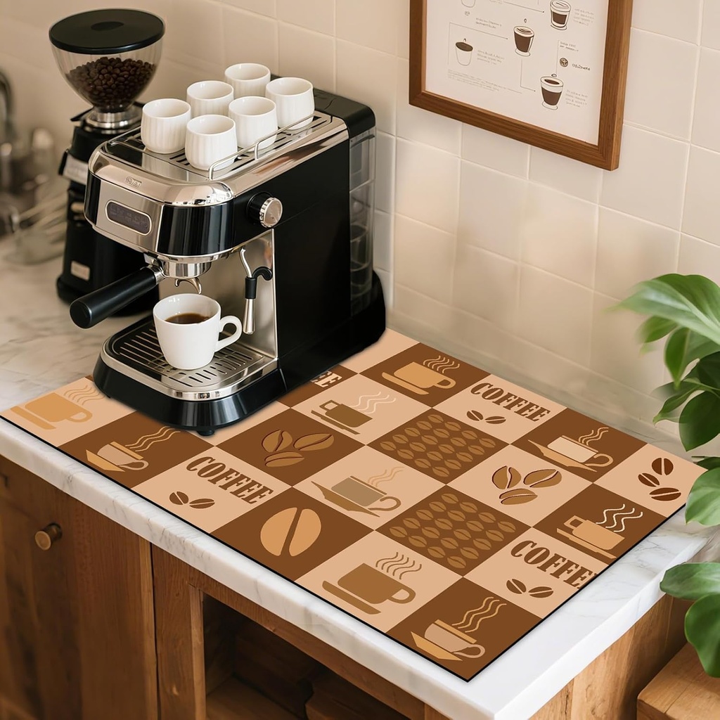 Dish Drying Mat for for Kitchen Counter-Coffee Bar Mat Accessories Fit Under Espresso Machine Maker, Super Absorbent Hide Stain Quick Dry Mat Non-slip dish rack (Coffee Cup, 16"X24")