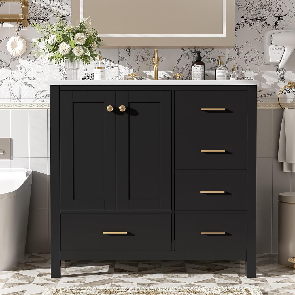 36 Inch Bathroom Vanity with Ceramic Sink, Bathroom Storage Cabinet with 4 Drawers & 2 Doors, Solid Wood Frame Sink Vanities, Easy Assembly