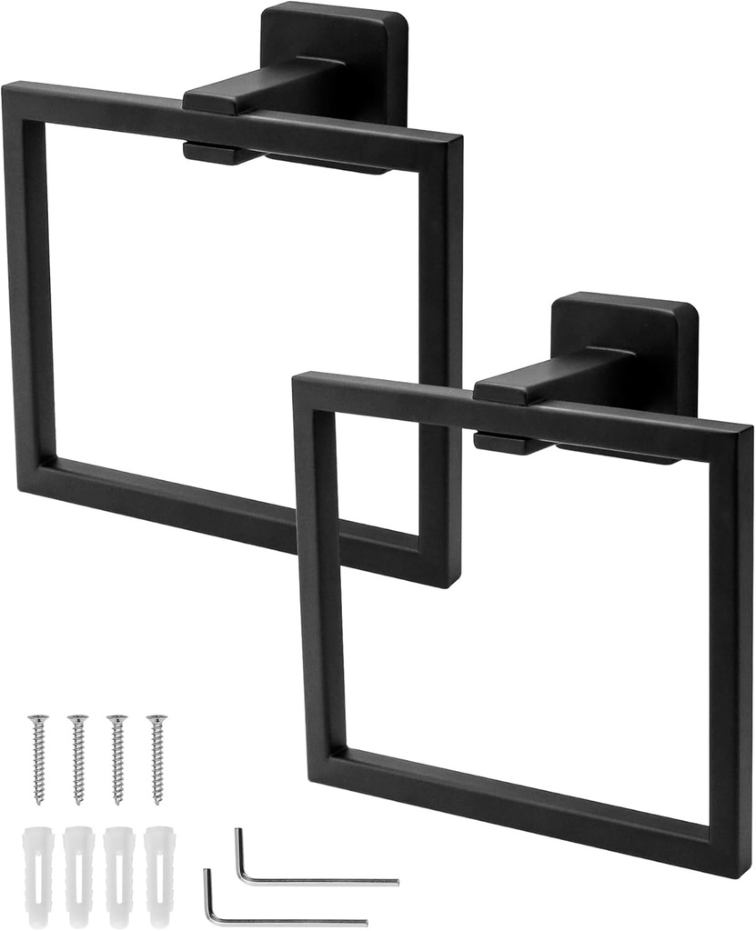 QWORK Black Towel Ring Towel Holder, 2 Pack Wall Mounted Bathroom Shower Hand Towel Holder Hanger, Modern Square Style