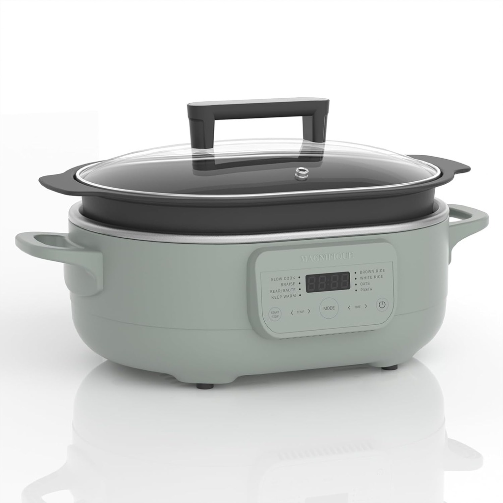 MAGNIFIQUE 6 Quart Multi-Cooker, with 8-in-1 Casserole Programmable Slow Cooker, Dutch Oven, Pasta, Nonstick, Oven Safe Pot to 500°F Olive