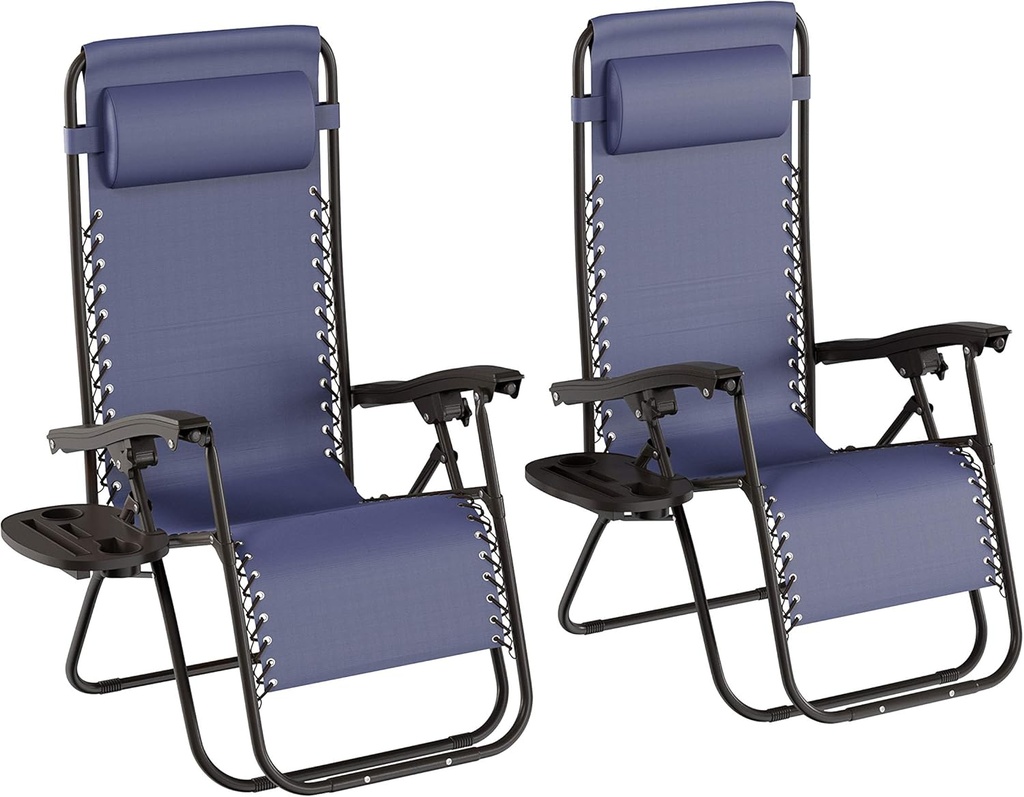 Lavish Home Set of 2 Zero-Gravity Chairs - Folding Patio Furniture - Outdoor Recliners with Side Table, Cup or Phone Holder and Chair Pillow (Navy)
