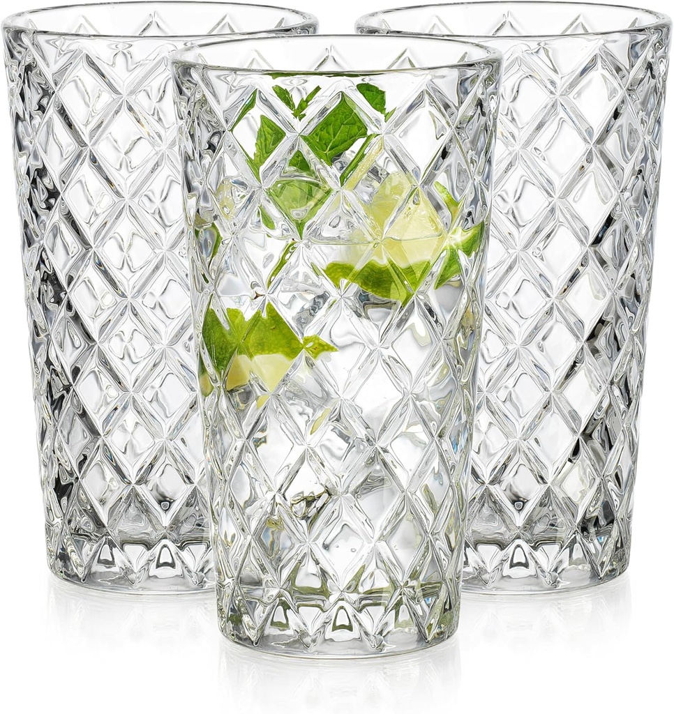 Glaver's Highball Glasses Set of 10. Tall Drinking Glasses. Textured 14oz. Diamond Cut Glass Cups. Elegant Drinking Glassware. Kitchen Glasses. Water, Iced Tea, Juice, Cocktail.