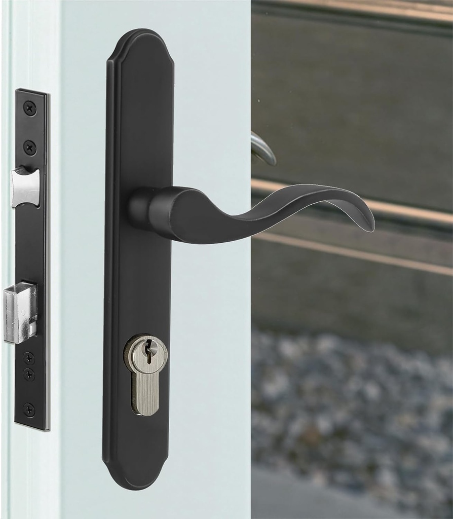 Euro Mortise Storm Door Handle Complete Set Fits for Pella Screen Door Hardware, 2-1/2" Handle PZ, 7/8" Backset, 7-1/4" Trimplate H.C., Non-Handed, Matte Black