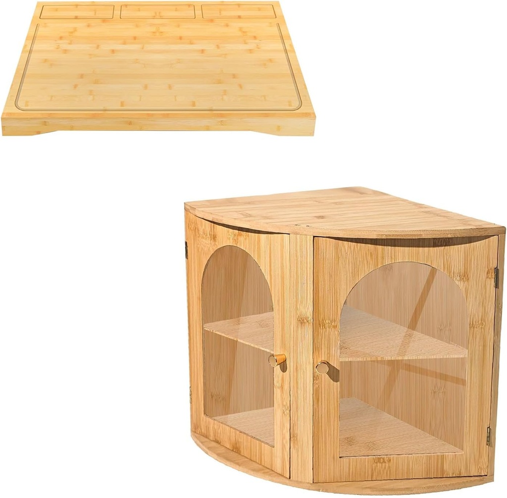 Corner Bread Box for Kitchen Countertop,Bread Storage Container for Homemade Bread and Stove Top Covers for Electric Gas Stove Burners, Bamboo Noodle Board Stove Cover