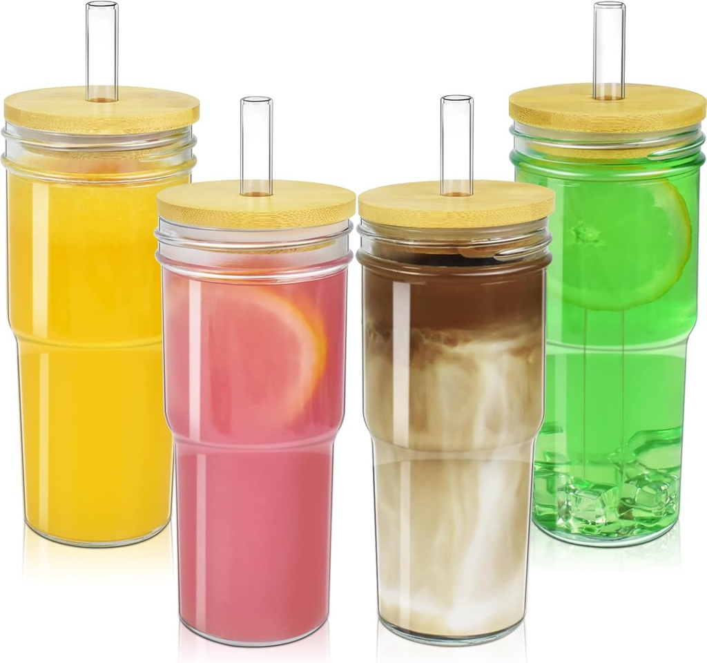 Artcome 4 PC 24oz Glass Cup Set with Bamboo Lids, Large-bore Glass Straws - Wide Mouth Mason Jars - Drinking Glass, Ice Coffee Cup, Smoothie Tumbler, Travel Muge, Boba Cup, Beer Glass - Ideal Gift