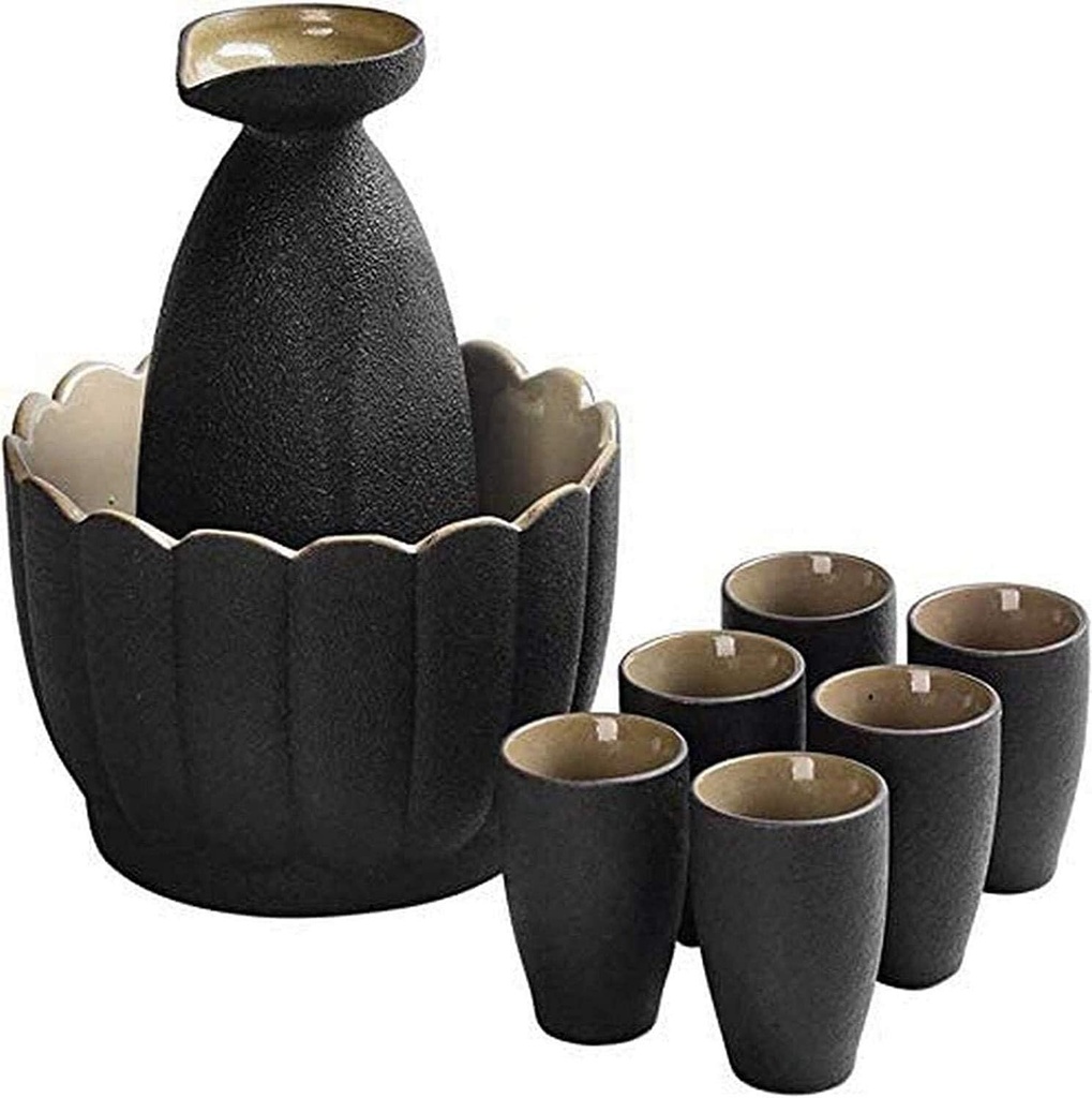 Sake Set 9 Piece Japanese Sake Set, Black Glaze Wine Glasses Set with Warmer Pot and Candle Stove, for Warm/Cold Sake Service