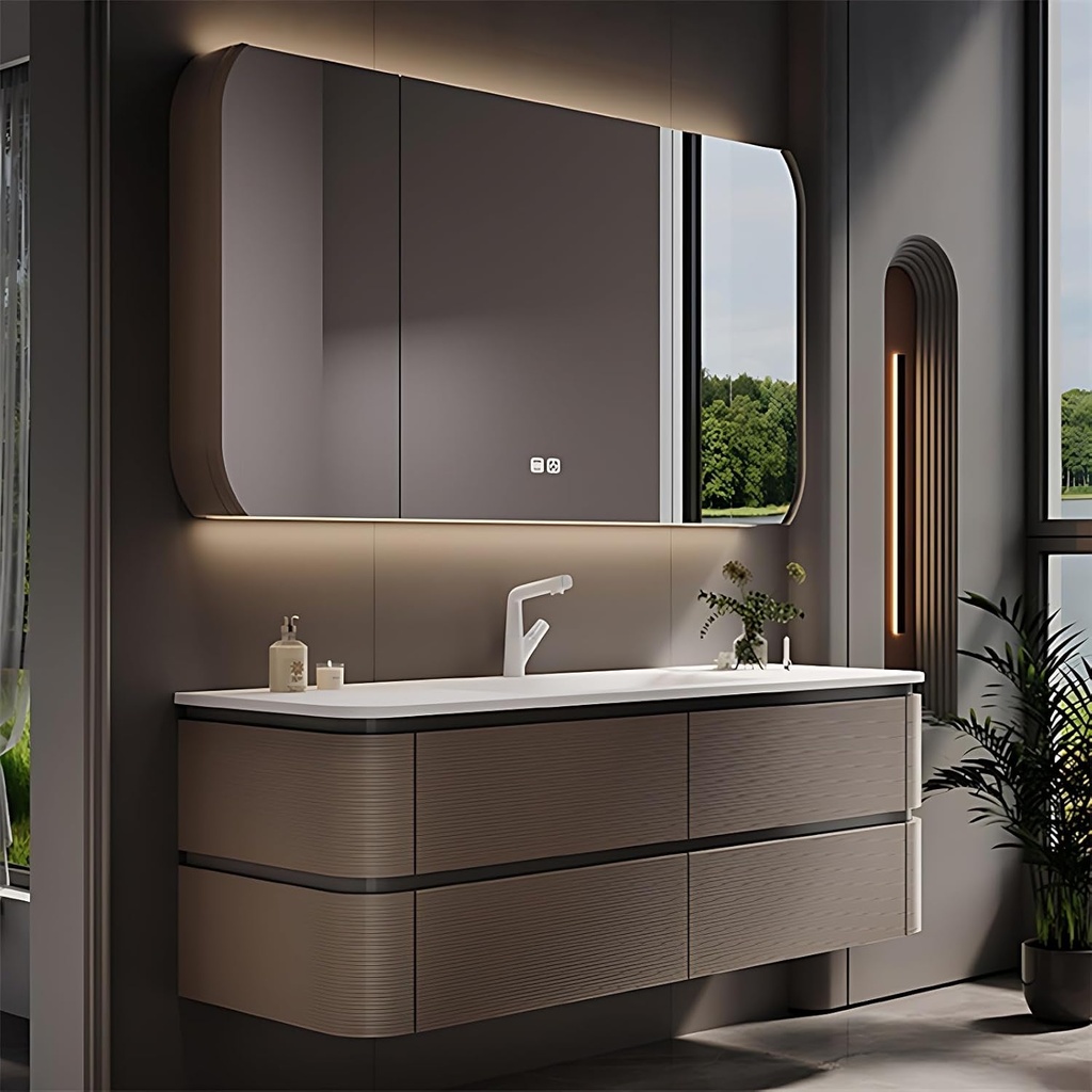 Bathroom Vanity with Sink - Elegant Bathroom Sink Cabinet & LED Smart Defogger Mirror Cabinet Set, Wall-Mounted Floating Vanity with 4 Storage Drawers, Gift for Her (52")