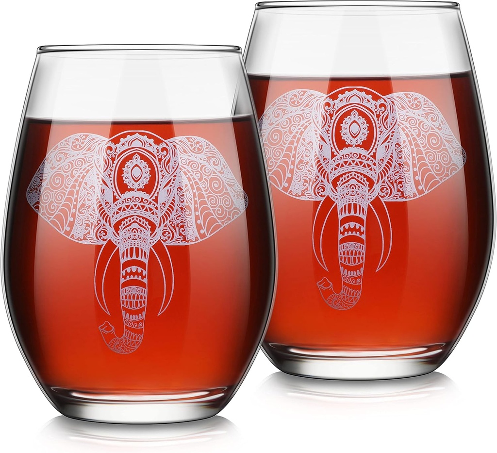 Cunhill 2 Pieces Elephant Stemless Wine Glass Hand Etched Elephant Glass Clear Stemless Wine Glass Coffee Cup, Presents for Women Men (15.2 oz, Classic Style)