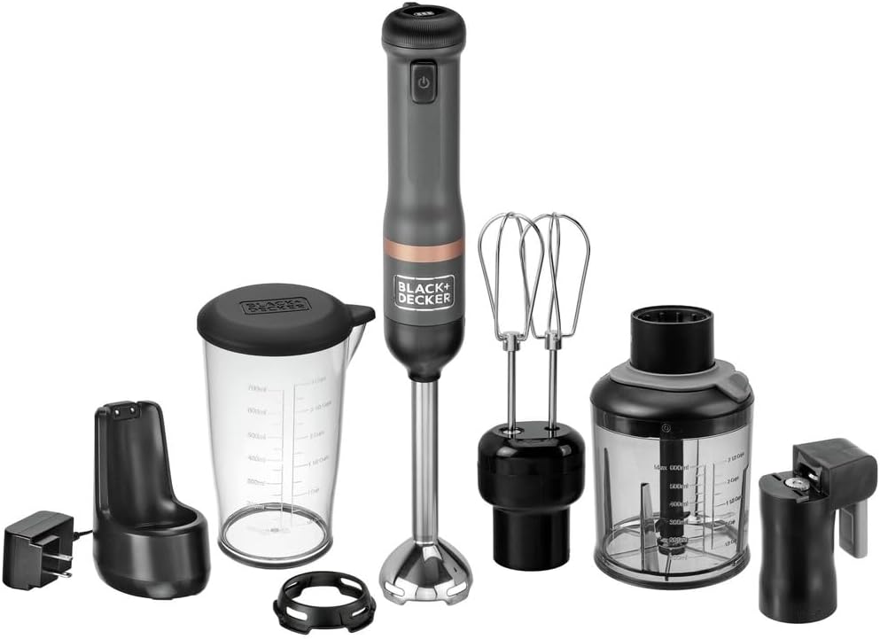 BLACK+DECKER Kitchen Wand Cordless Immersion Blender, 4 in 1 Multi Tool Set, Hand Blender with Charging Dock, Grey (BCKM1014K01)