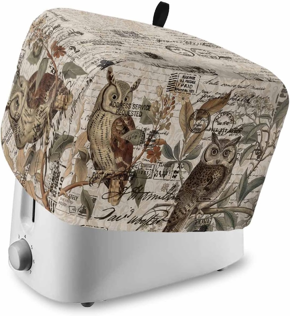 Toaster Cover with Pockets Owl Standing on Branch Bread 4 Slice Toaster Oven Covers for Kitchen, Retro Postmark Dust Cover for Small Appliance Cover and Fingerprint Protection, Bread Machine Cover