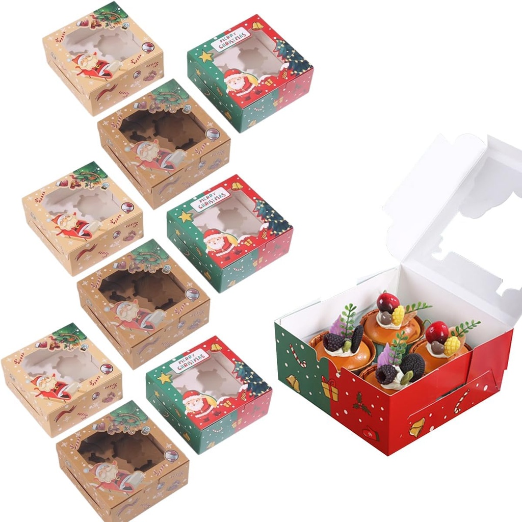 18 Pack Christmas Cupcake Boxes Festive Adorable Holiday Design Bakery Treat Packaging for Gift Giving Parties Desserts Muffins Pastries Tarts Convenient 4 Count Sweet Treat Container