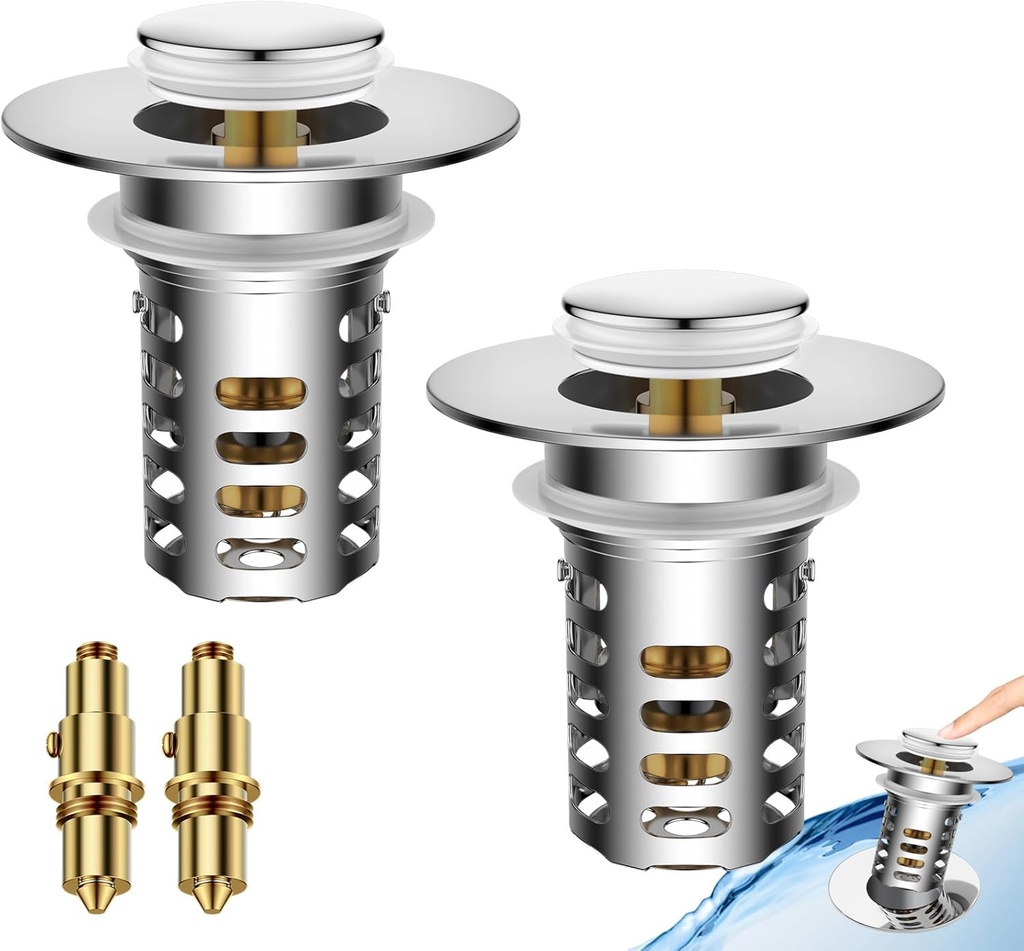 Bathroom Sink Stopper - 1.1"-2.36" Universal Fit, Stainless Steel Pop Up, Hair Catcher & Easy Install (2pcs)