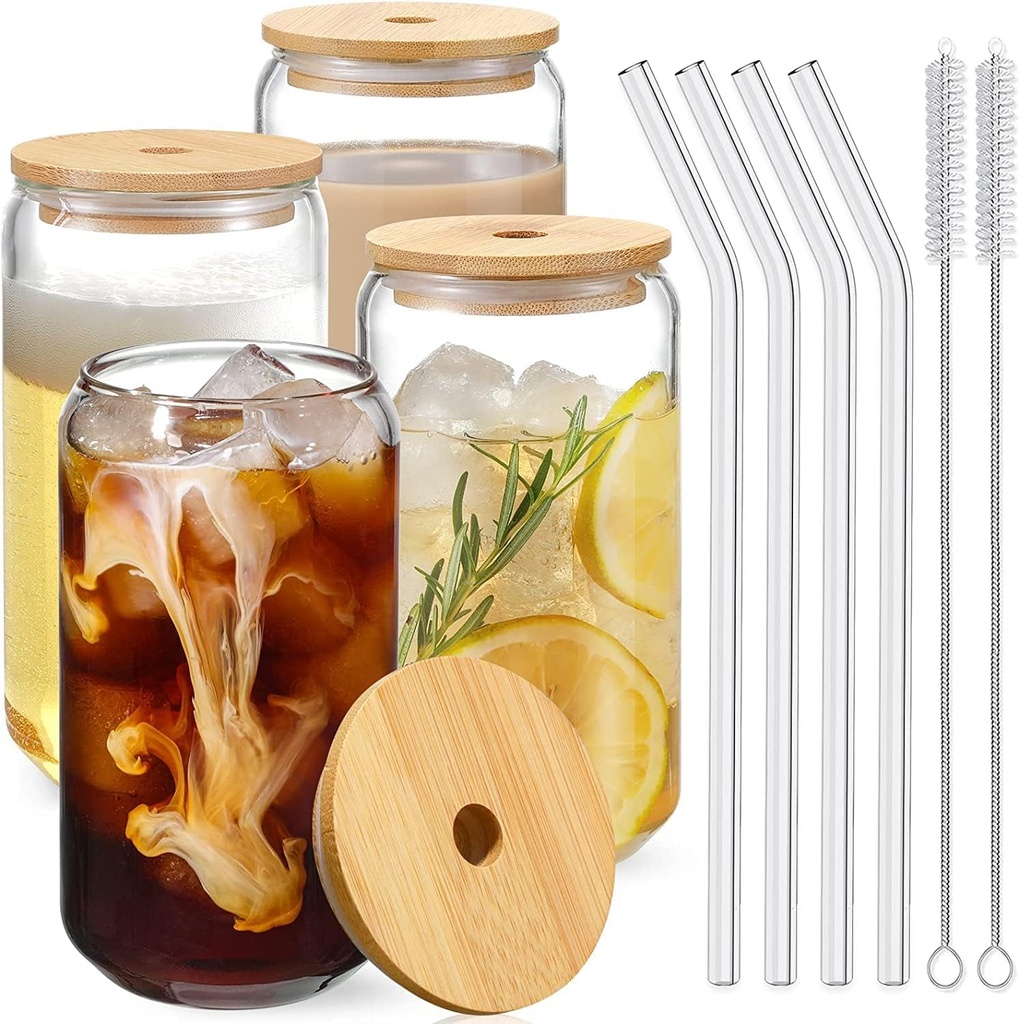 Drinking Glasses with Bamboo Lids and Glass Straw 4pcs Set - 16oz Can Shaped Glass Cups, Beer Glasses, Iced Coffee Glasses, Cute Tumbler Cup, Ideal for Cocktail, Whiskey, Gift 4 straws