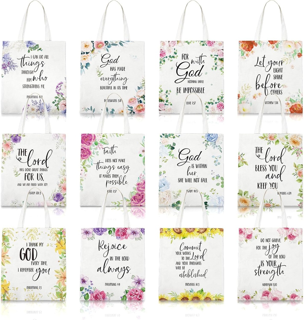 12 Pcs Christian Gift Bible Tote Bags for Women Religious Bulk Floral Christian Canvas Tote Religious Reusable Bags Bible Verse Book for Christmas Gift