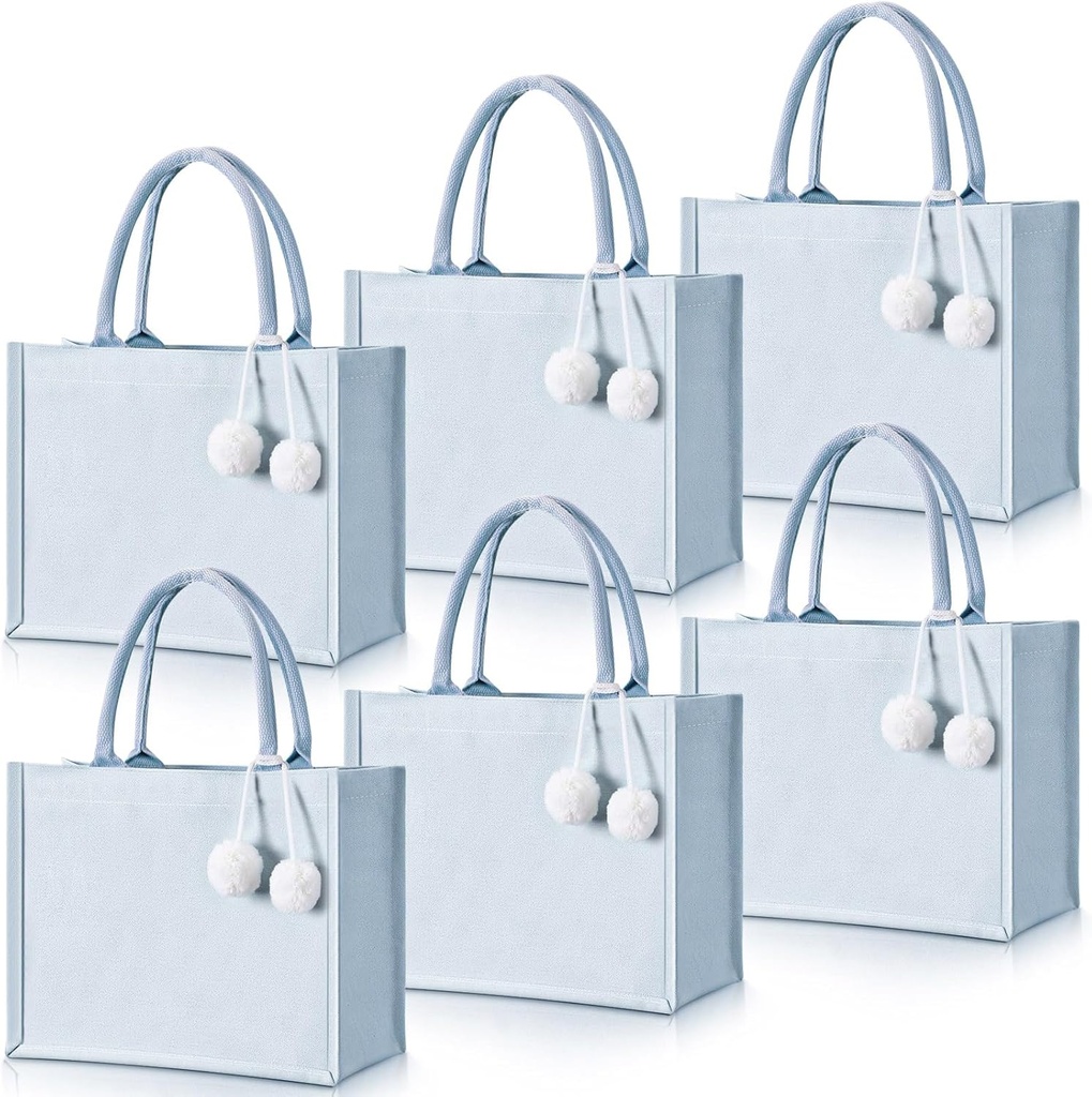 6 Pack Blank Canvas Tote Bags with Pom Poms Bridesmaid Bachelorette Beach Bags with Handles for Halloween Wedding DIY Crafts