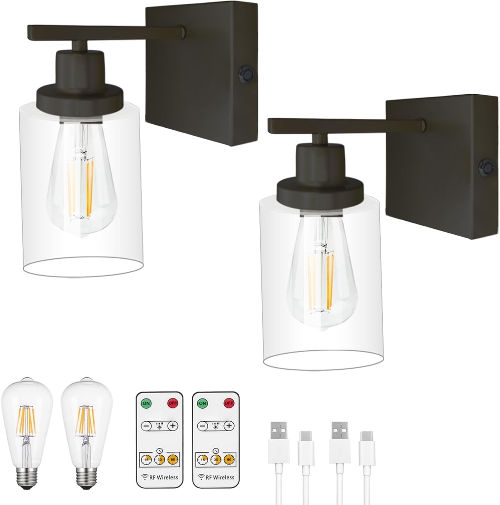 Wireless Wall Sconces Set of Two Battery Operated Wall Sconce with Remote Dimmable Wall Light with Timer E26 Edison Bulbs Modern for Living Room Bedroom Bathroom (Black)