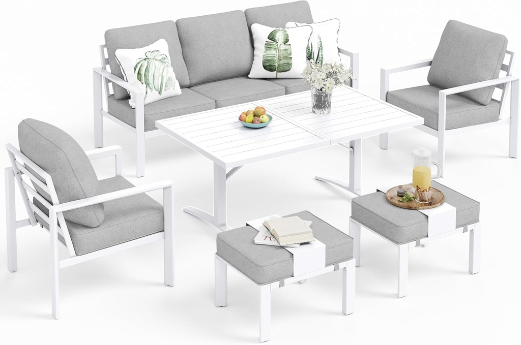 Sophia and William Aluminum Patio Furniture Set, 7 Seats Patio Conversation Set, Large Size and High Back Outdoor Couch with Large Coffee Table