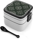 With Gray Flowers Bento Box Adult Lunch Box All-in-One Lunch Containers with Removable Compartments Double Layer Bento Lunch Box with Spoon And Handle Stackable Lunchbox