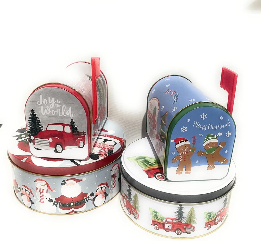 Greenbrier Festive Holiday-Themed 4 Pack Cookie Tins: Large 6"x4"x3", Small 5"x3"x2"