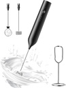 Rechargeable Milk Frother with Stand, Electric Frother Wand Handheld Coffee Foam Maker Detachable Stainless Steel Whisk Drink Mixer Foamer for Latte, Cappuccino, Hot Chocolate, Egg (Black)
