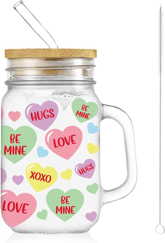 Whaline Valentine's Day Mason Jar Mug with Handle 18oz Conversation Heart Mason Jar Drinking Glasses Colorful Heart Ice Coffee Cups with Lid Straw for Iced Coffee Tea Soda Cocktail