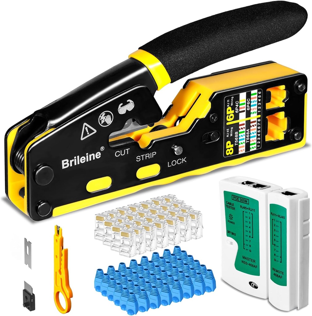 RJ45 Crimp Tool Pass Through Kit Ethernet Crimper Cat5 Cat5e Cat6 Crimping Tool for RJ11/RJ12 6P/8P with Network Lan Cable Tester, 50PCS Cat6 Connectors, 50PCS Boots, Mini Cable Stripper
