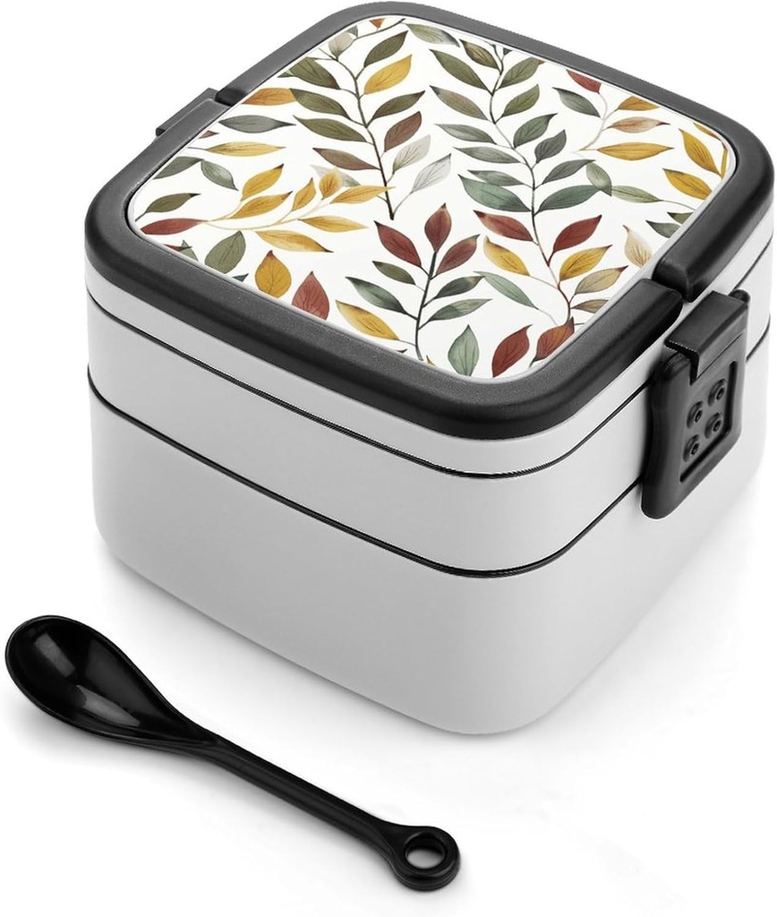 Double Layer Bento Lunch Box with Spoon And Handle Stackable Lunch Box Light White And Maroon Printed Bento Box Adult Lunch Box for Work Picnics And Travel