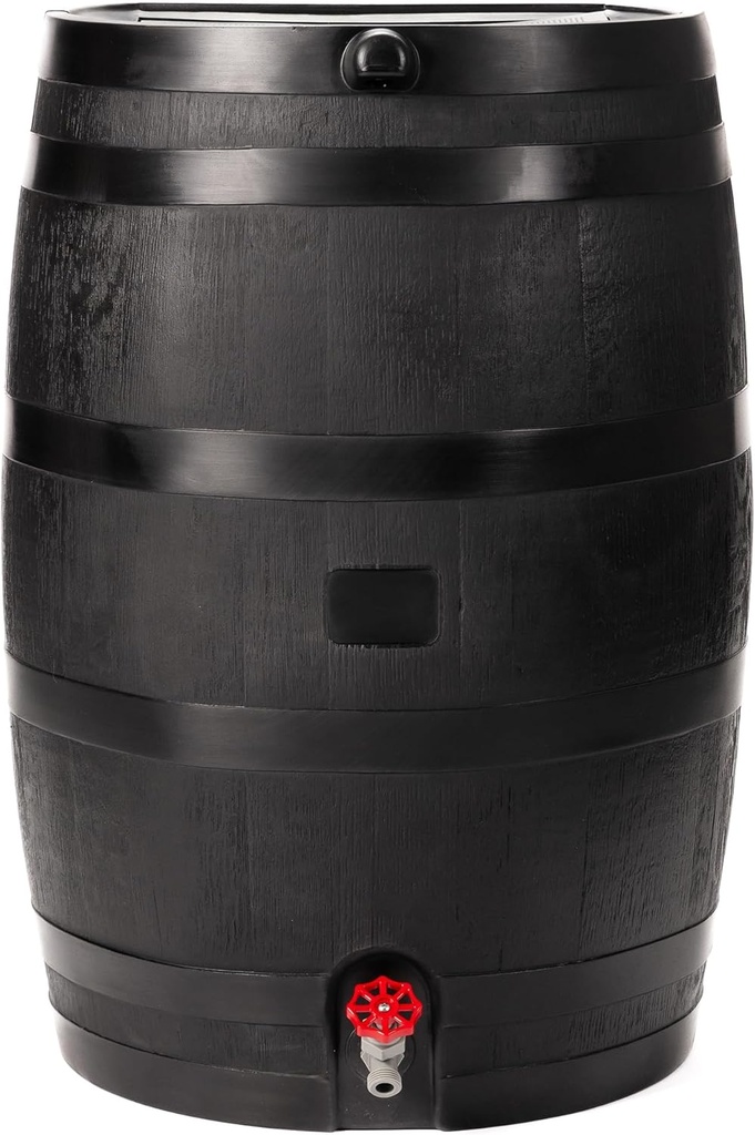 RTS Home Accents 50-Gallon ECO Rain Barrel Made with 100% Recycled Plastic, Flat Back Rain Water Collection Barrel, Black