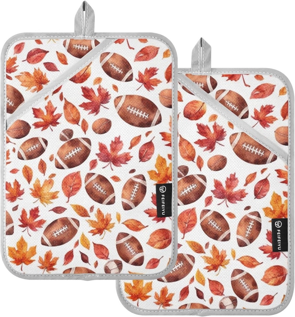 Fall Football Leaves Pot Holder Set of 2, Kitchen Heat Resistant Potholder for BBQ Cooking Baking Microwave, Oven Hot Pads for Women Men