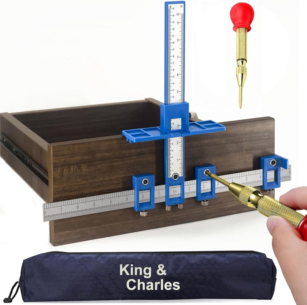 Cabinet Hardware Jig, King&Charles Cabinet Handle Jig with Automatic Center Punch, Avoid Jitter Caused by Direct Drilling. Use for Handles and Pulls on Drawers/Doors, Perfect Set.