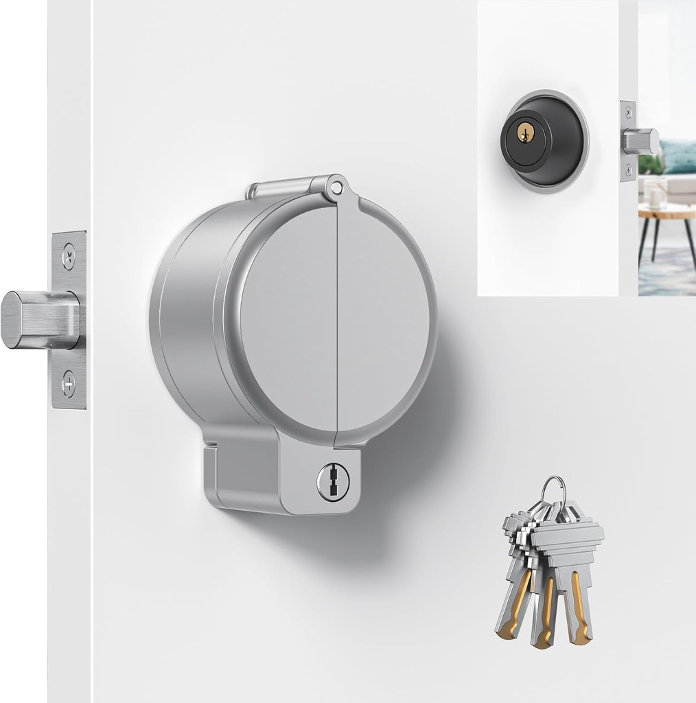 AST Round Deadbolt Lockout Device, No Drill Install, Protect Keyhole, Toddler Proof Deadbolt Cover, Safety Lock for Doors, Door Secure, Home Security Reinforcement (Matte Silver with Brass Keys)