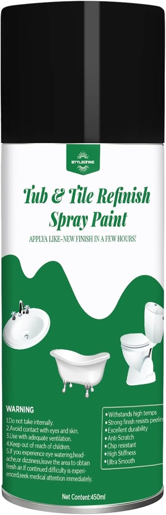 styleonme Tub and Tile Spray Paint Black, 450ml 1 pack, Diy Countertop Paint kit, Suitable for Ceramic, Porcelain, Fiberglass, Bathtub, Tile, Bathroom wall Repair Spray Paints