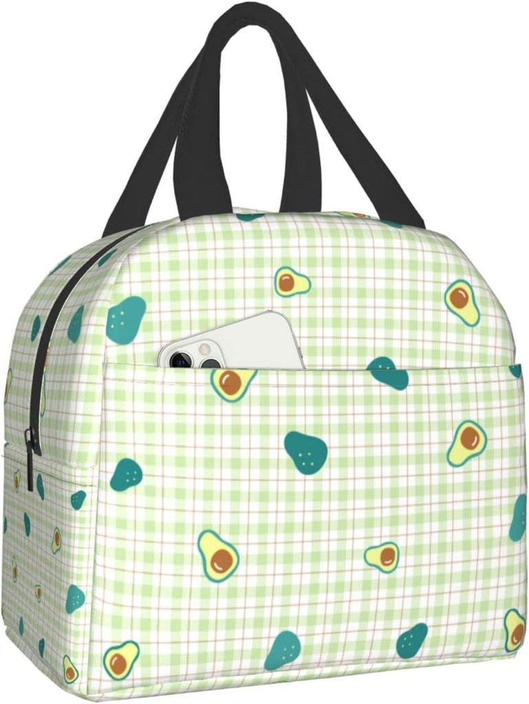 Cute Kawaii Avocado On Pastel Green Plaid Lunch Box Bento Box Insulated Lunch Boxes Reusable Waterproof Lunch Bag With Front Pocket For School Office Picnic