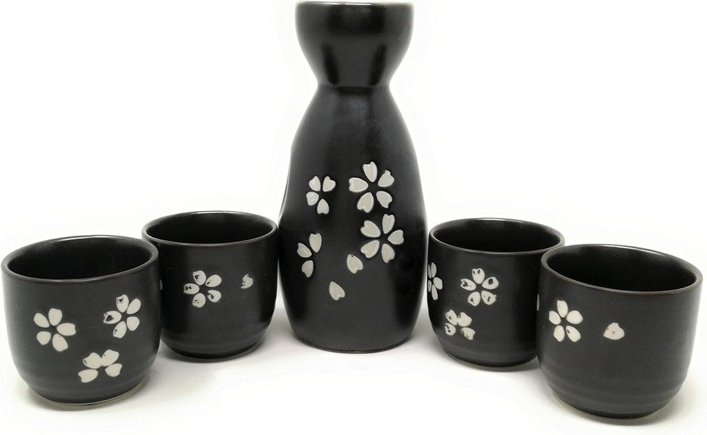TJ Global 5-Piece Sake Set, Durable Ceramic Japanese Sake Set with 1 Carafe/Decanter/Tokkuri Bottle and 4 Ochoko cups for Hot or Cold Sake at Home or Restaurant - Black with White Flower Petal Design