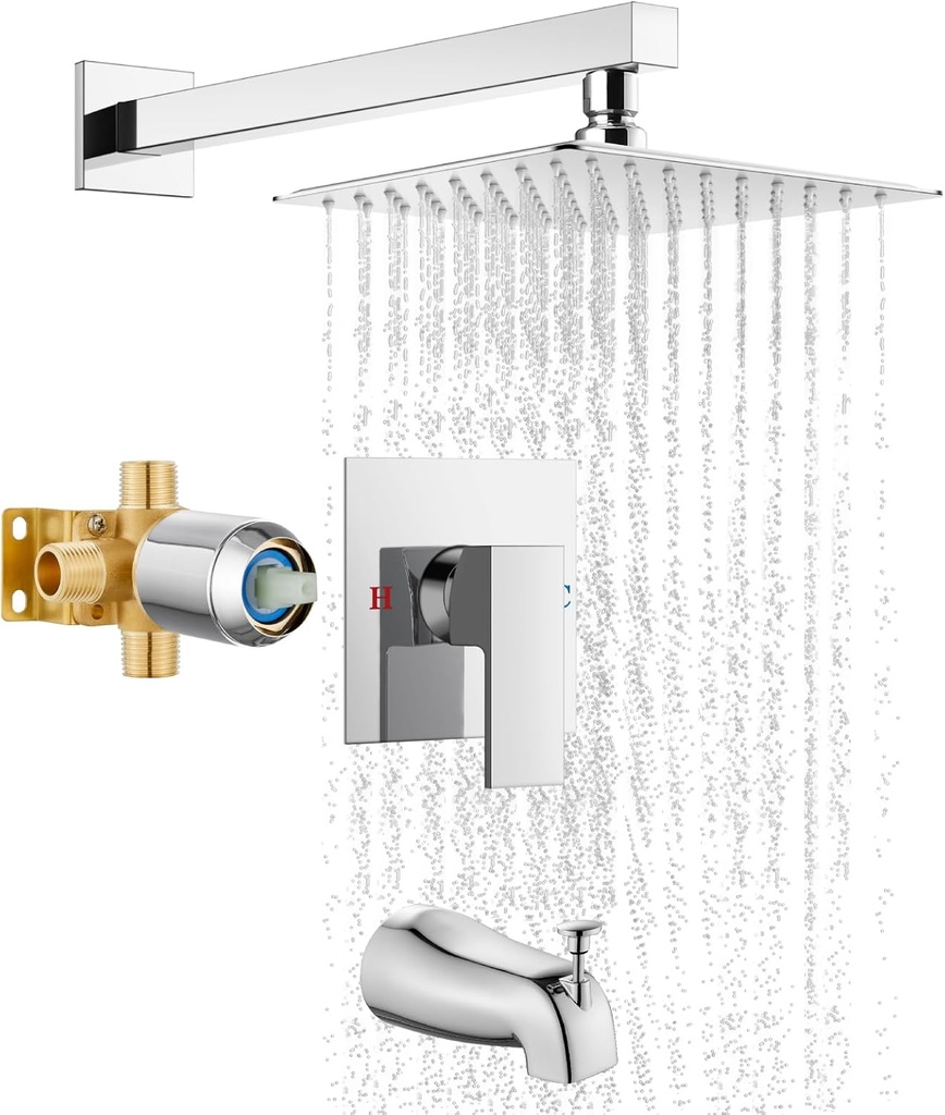Airuida Bathtub Shower Faucet Set with Tub Spout Faucet Kit and 8 Inch Square Rainfall Showerhead Modern Complete Tub Shower Trim Kit with Solid Brass Rough-in Valve Chrome Polish