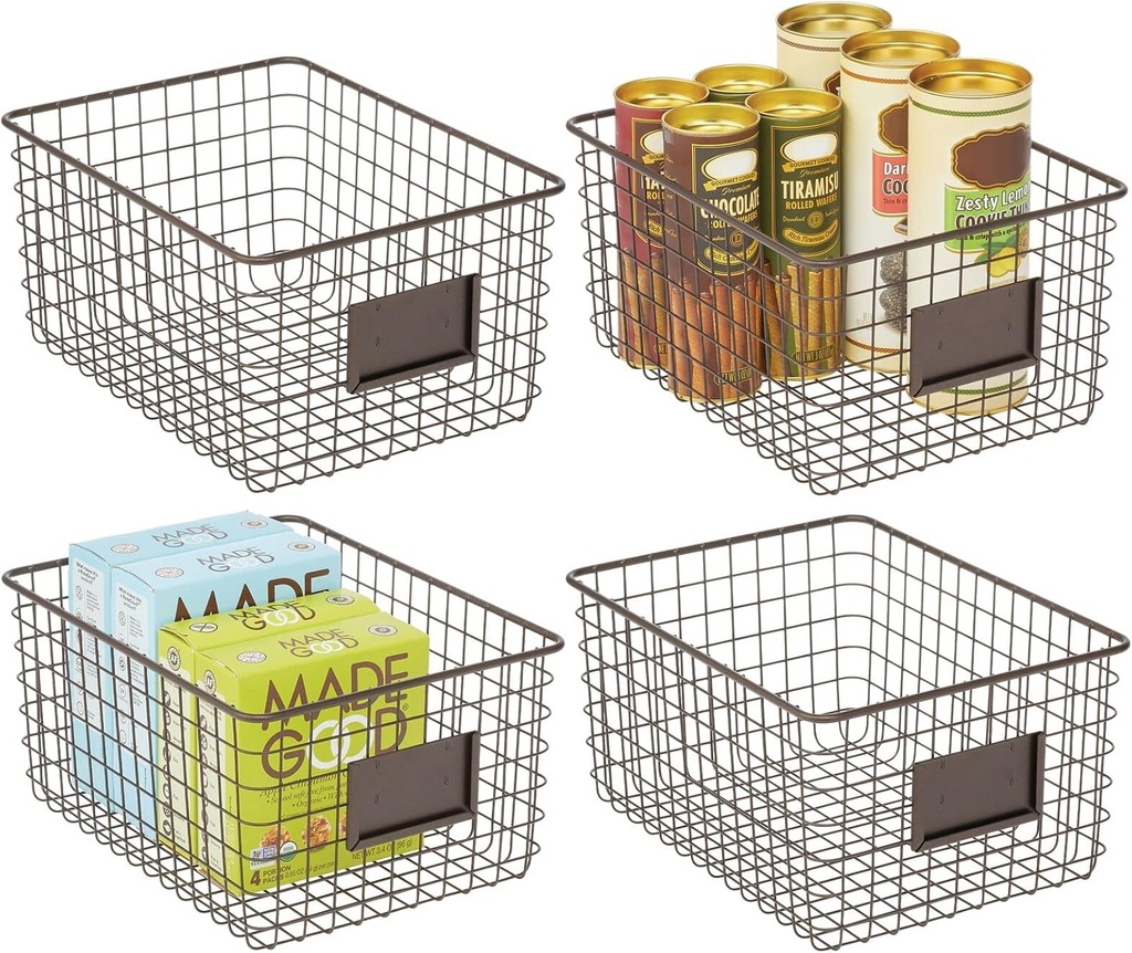 mDesign Large Steel Storage Organizer Bin Baskets with Label Slot for Kitchen Pantry, Cabinet, Cupboard, Organizing Holder for Food, Drinks, Snacks, Produce, Omaha Collection, 4 Pack, Bronze