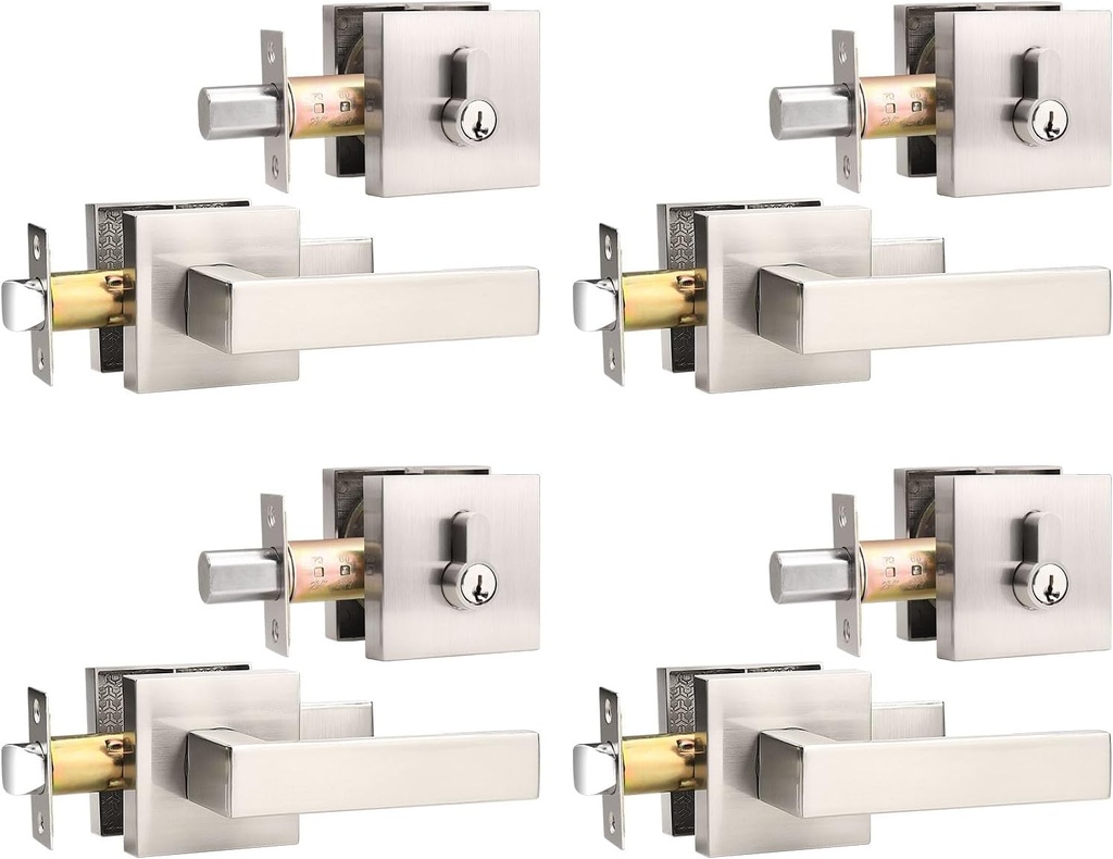 4 Pack Keyed Front Door Lockset with Deadbolt, Reversible Passage Lever and Keyed Alike Double Cylinder Deadbolt, Satin Nickel Square Entry Handleset for Bedroom, Front Door