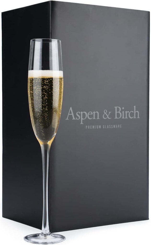 Aspen & Birch - Timeless Champagne Flutes Set of 6 - Champagne Glasses - Mimosa Glasses, Premium Crystal Stemware, Clear, 5 oz, Hand Blown Glass Champagne Flutes - Hand Crafted by Artisans