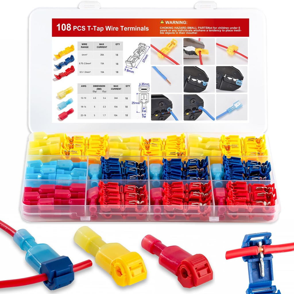 108 Pcs T-Tap Wire Connectors Kit, Quick Splice Self-Stripping Electrical Wire Terminals, Nylon Fully Insulated Male Quick Disconnects for Automotive Wiring (22-10 AWG)