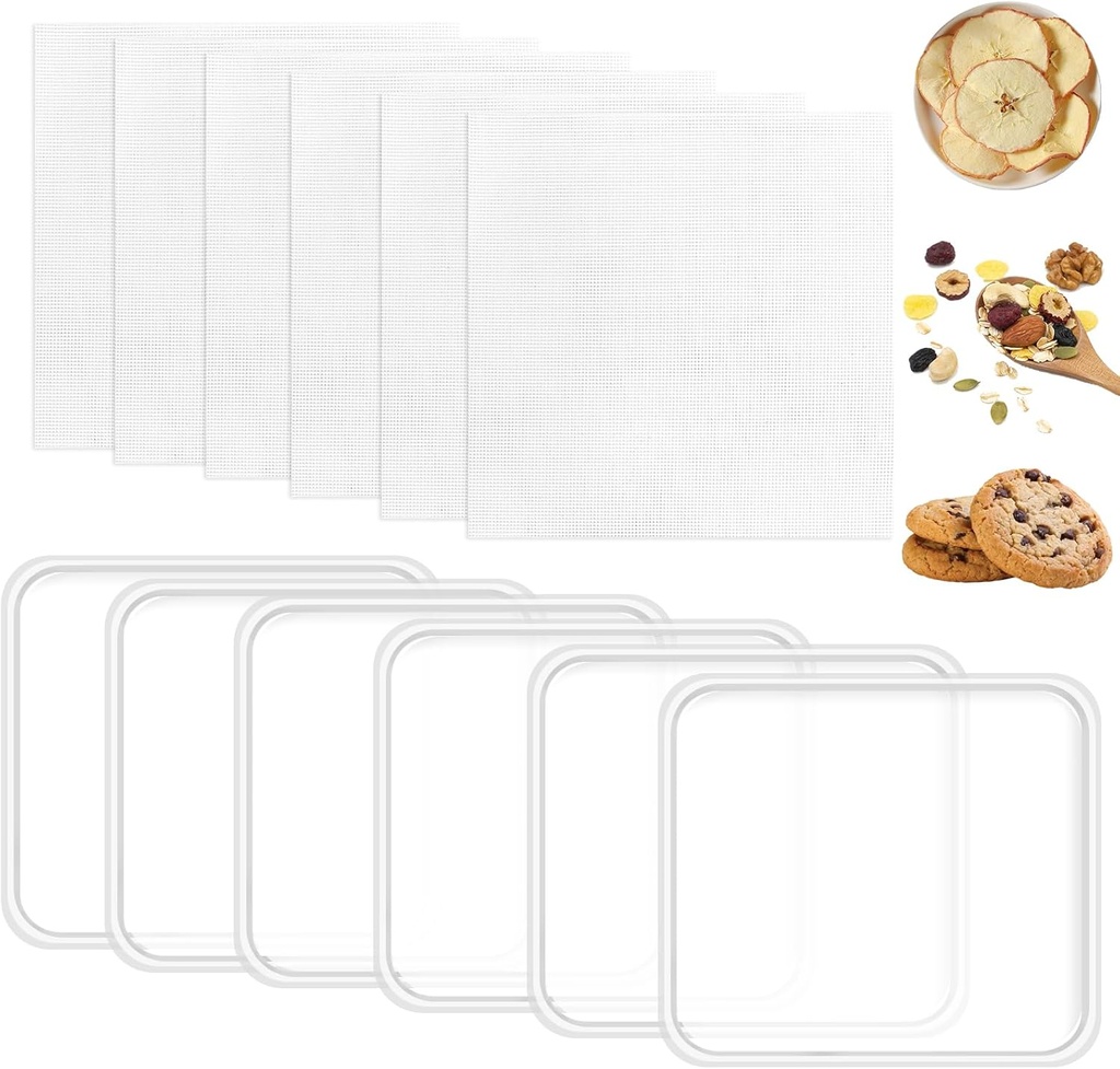 6 Silicone Dehydrator Mats and 6 Mesh Dehydrator Sheets, Reusable Non-stick Tray Liner with Edge, Silicone Mats for Liquids, Fruits Meat Vegetables Herbs(White)