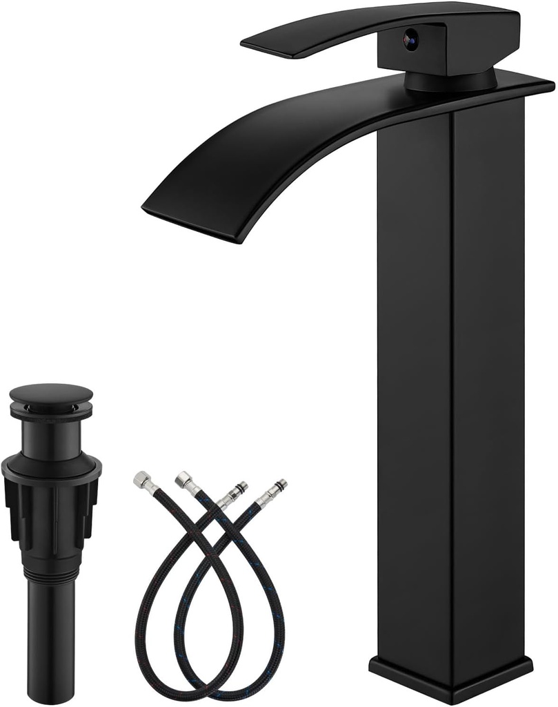 gotonovo Waterfall Tall Bathroom Faucet Single Handle Bathroom Faucets for Sink 1 Hole Stainless Steel Vessel Sink Faucet Modern Mixer Tap Wash Basin Faucet with Pop Up Drain, Matte Black