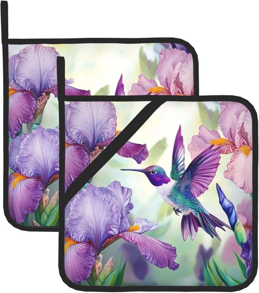 Irises Flowers Hummingbird Spring Pot Holders Set of 2 Summer Seasonal Florals Kitchen Decorative Heat Resistant Potholder Cotton Lining Oven Hot Pads for Cooking Baking Microwave Oven End Dishes BBQ