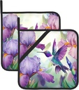 Irises Flowers Hummingbird Spring Pot Holders Set of 2 Summer Seasonal Florals Kitchen Decorative Heat Resistant Potholder Cotton Lining Oven Hot Pads for Cooking Baking Microwave Oven End Dishes BBQ