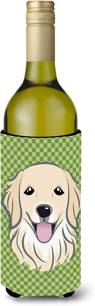 Caroline's Treasures BB1137LITERK Green Checkered Golden Retriever Wine Bottle Hugger Bottle Cooler Sleeve Hugger Machine Washable Collapsible Insulator Beverage Insulated Holder