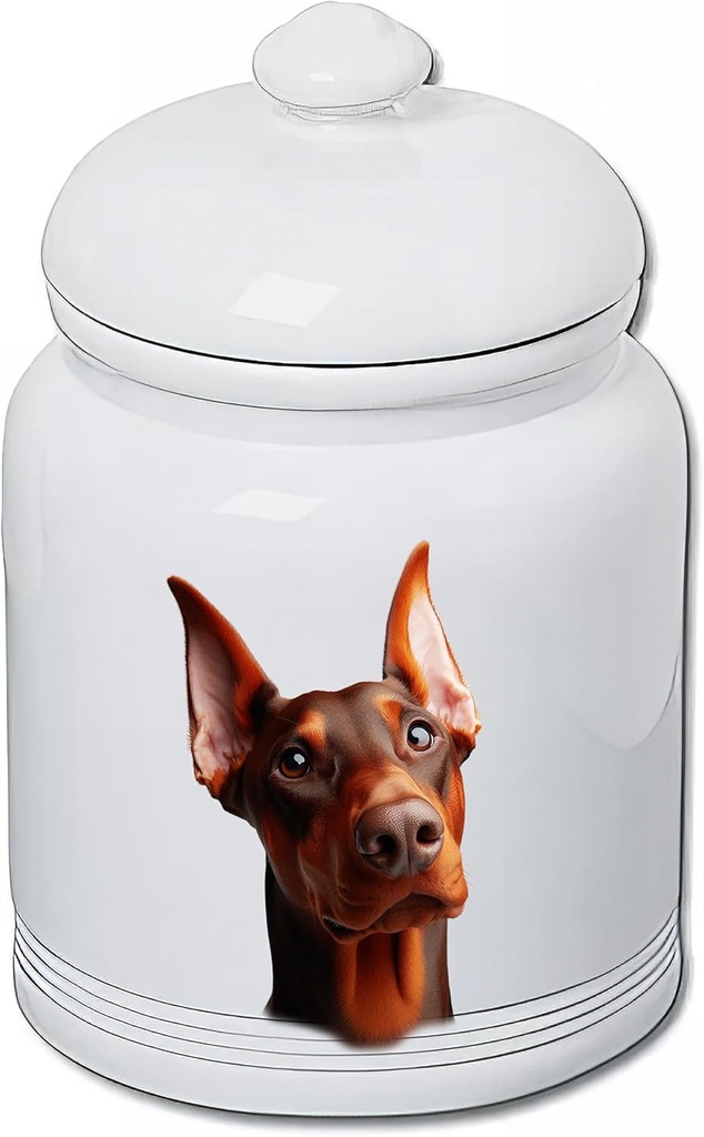 Best of Breed Doberman Red Cropped Dog and Cat Ceramic Treat Jar 9" Tall Air Tight Seal All White
