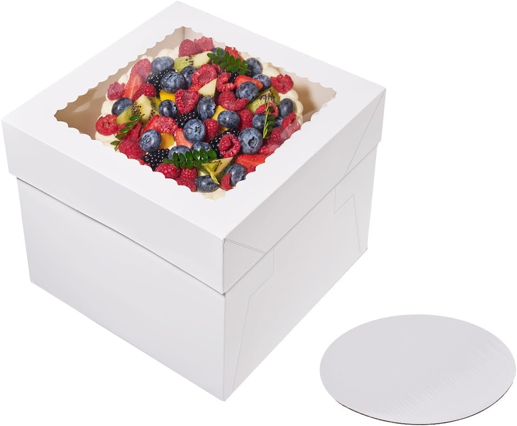 Cake Boxes,3 Pack Clear Tall Cake Box 10x10x8 Inches with Cake Boards, White Bakery Boxes with Large Window,Ideal for Mother's Day,Wedding,Birthday&Party