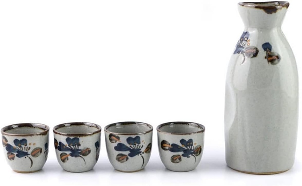 Ceramic Sake 5-Piece Set Sturdy Japanese Sake Set Includes 1 White Bottle and 4 Cups with an Elegant Design.Suitable for Family