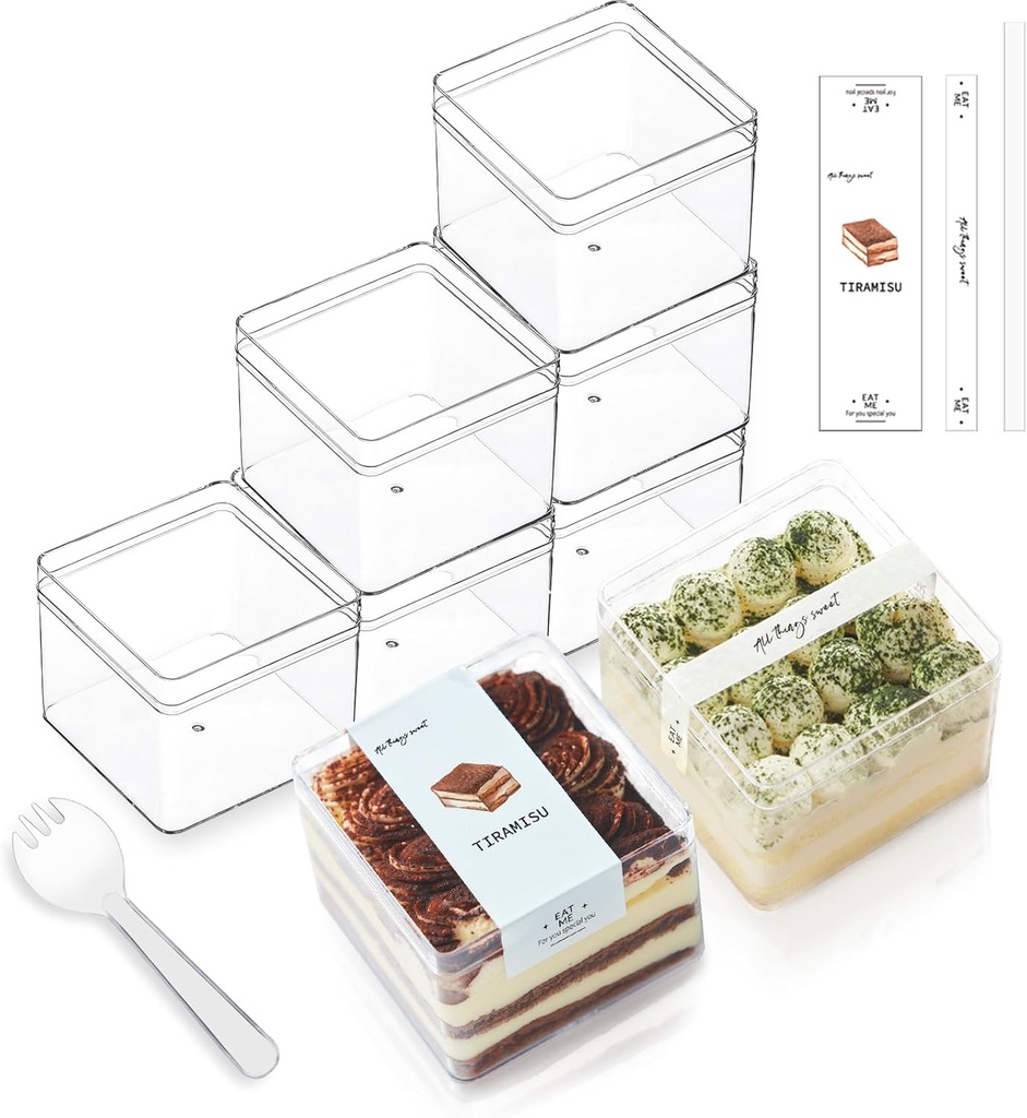20 Pack 12OZ Square Clear Plastic Dessert Cups with Lids and Sporks&Stickers Disposable Parfait Cups with Lid,Tiramisu container with lid,Cupcake,Parfait,Pudding,Iced Cold Drinks,Fruits