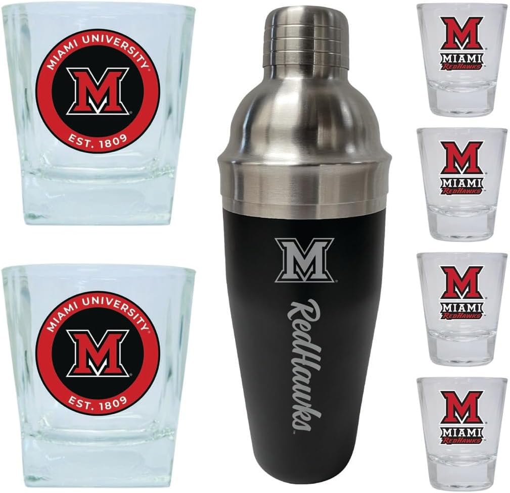 R and R Imports Miami University of Ohio Officially Licensed Collegiate Barware Set – 7-Piece Cocktail & Whiskey Glass Gift Pack