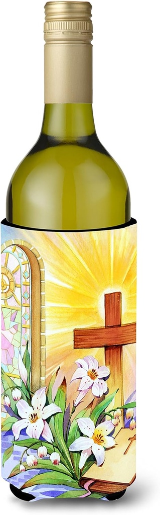 Caroline's Treasures APH5433LITERK Easter Cross and Bible in Stain Glass Window Wine Bottle Hugger Bottle Cooler Sleeve Hugger Machine Washable Collapsible Insulator Beverage Insulated Holder